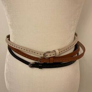 Bundle of 3 skinny/thin belts black tan cream